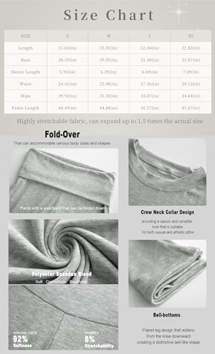 Size chart with clothing design details and features.