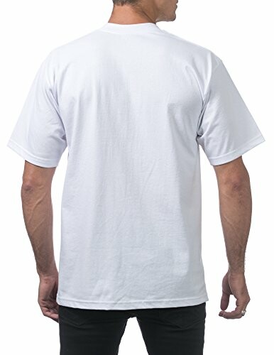 Back view of a person wearing a white T-shirt and black pants.