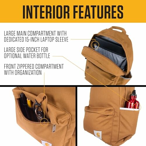 Backpack with laptop sleeve, water bottle pocket, and organized front compartment.