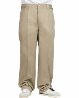 Person wearing beige wide-leg pants and white sneakers.