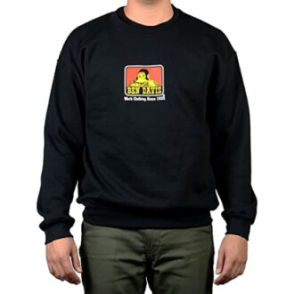 Person wearing a black Ben Davis sweatshirt with logo.