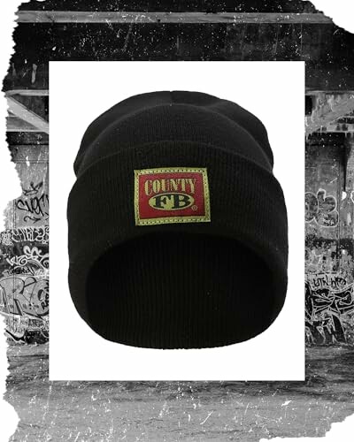 Close-up of the black beanie hat with County FB logo, showcasing the quality of the materials and craftsmanship.