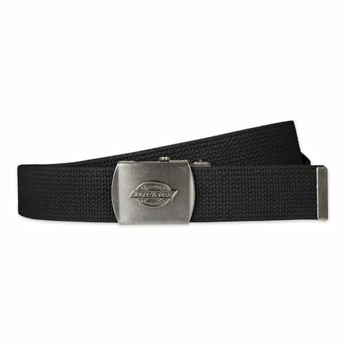 Black belt with metal buckle featuring logo.