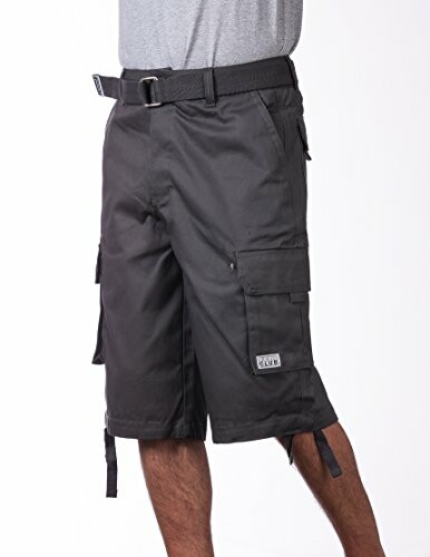 Man wearing black cargo shorts with a belt