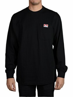 Person wearing a black long-sleeve shirt with a chest pocket.