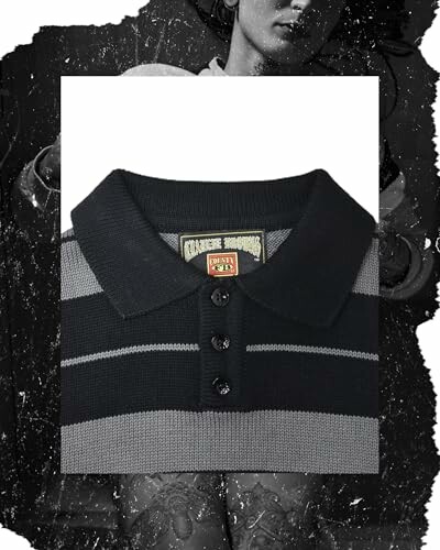 Black and gray striped collared shirt with buttons.