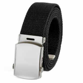 Black web belt with metal buckle showcasing its stylish design.