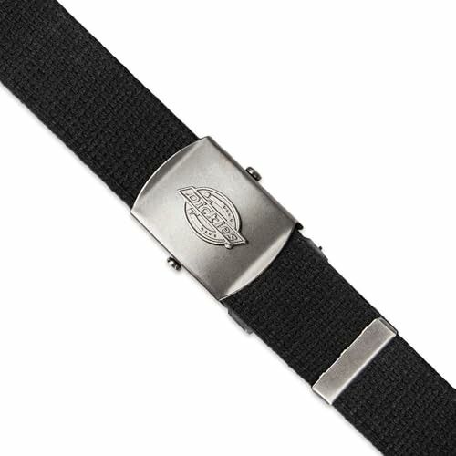 Black web belt with metal buckle and engraved logo.