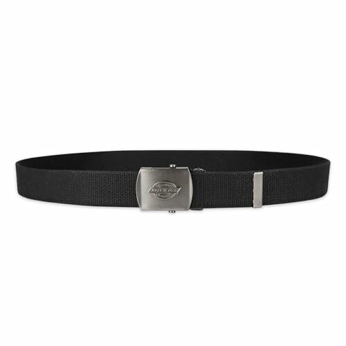 Black web belt with metal buckle.