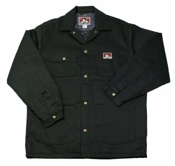 Black work jacket with buttons and pockets.