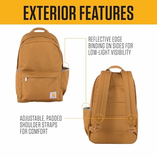 Brown backpack with reflective edge and adjustable padded shoulder straps.