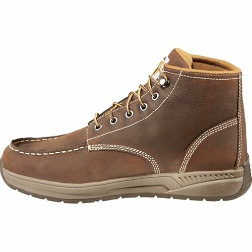 Brown leather boot with white stitching and tan laces