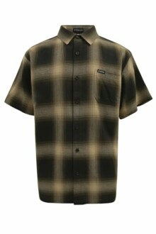 Brown plaid short-sleeve shirt on white background