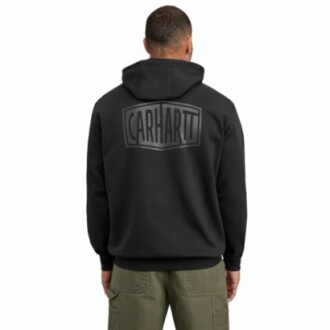 Person wearing black Carhartt hoodie from the back.