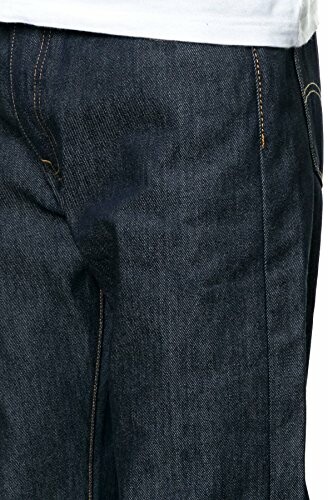 Close-up of dark denim jeans with stitching details.