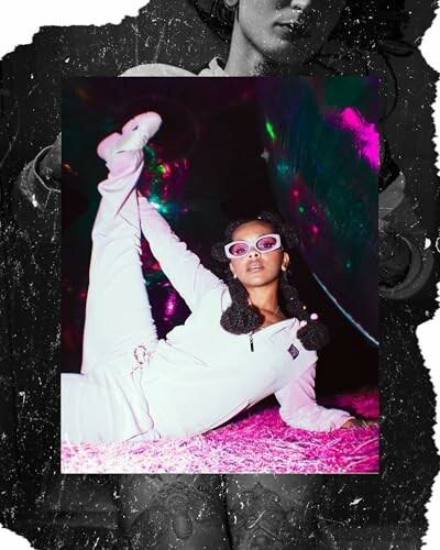 Woman in white outfit posing with leg raised, wearing pink sunglasses.