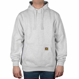 Person wearing a plain gray hoodie with front pocket