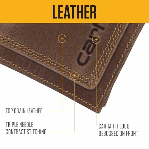 Close-up of leather with stitching and debossed logo.
