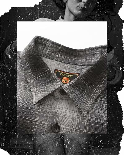 Close-up of a plaid shirt with buttons and label.