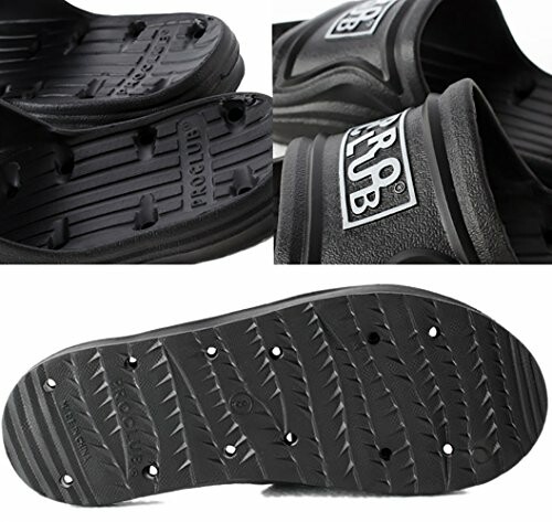 Black Pro Club slippers with textured soles and logo.