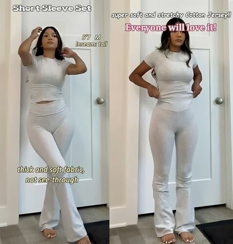 Woman modeling short sleeve set in soft cotton jersey fabric.