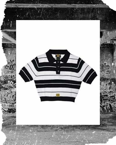 Black and white striped crop polo shirt with graffiti background.
