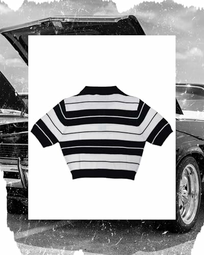 Black and white striped cropped shirt with car background
