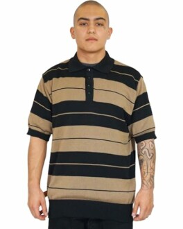 Person wearing a black and tan striped polo shirt.