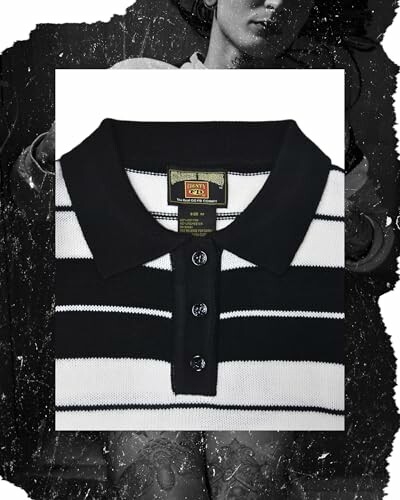 Black and white striped polo shirt with buttons.