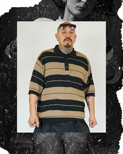 Tattooed man in striped shirt and sunglasses