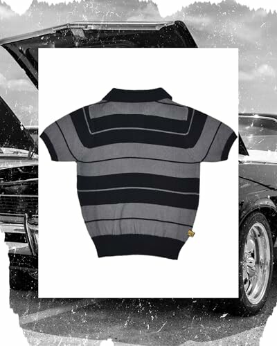 Black and gray striped shirt with open car hood in background