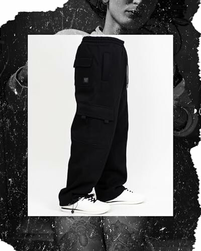 Person wearing stylish black cargo pants with white sneakers.