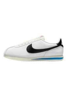 White sneaker with black swoosh and blue sole accent