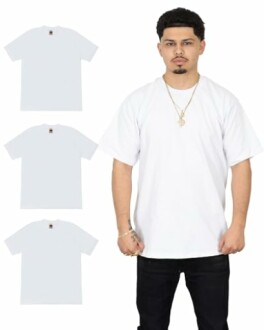 Man wearing a white T-shirt with three additional white T-shirts displayed beside him.